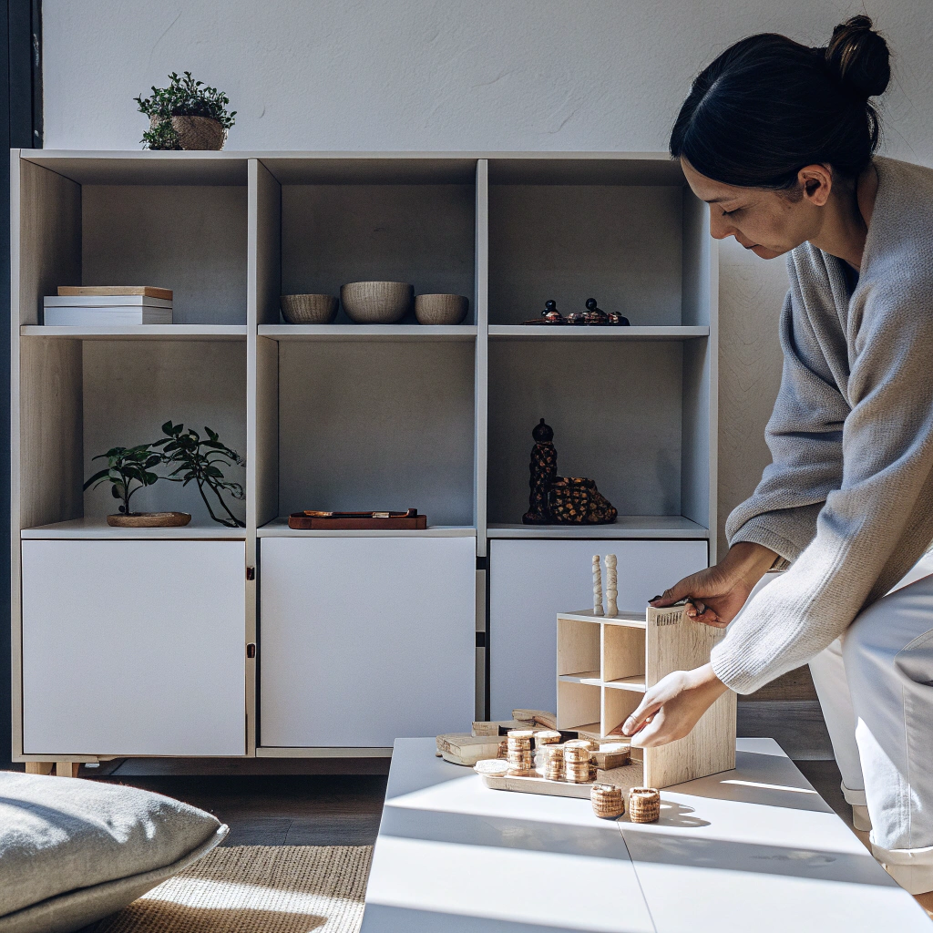 Woman playing with wooden toys on a table in a room with a bookshelf.